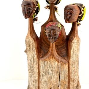 Vintage African Hand Carved Wooden Women w Scarves Figurines  Folk Art - 8.5"